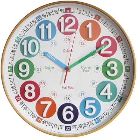 Learning Time Clock for Kids,12 Inch 3D Numbers Colorful Clock Face Silent Clocks，Bedroom,Kitchen,Classroom,Décor at School, Clear Digital Wall Clock for Kids Room (3D Wood Color Classic) by SYOYUEX