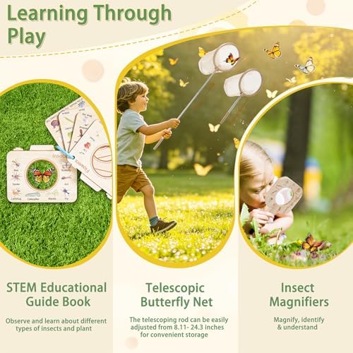 Wooden Bug Catcher Kit for Kids Ages 3-8, 11PCS Outdoor Nature Explorer Kit with Bug Habitat, STEM Educational Guide, Butterfly Net & Magnifying Glass, Montessori Catching Toy & Camping Gift - Image 4