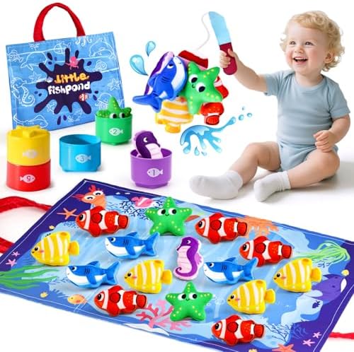 LovesTown Cloth Fishing Game with 5 Fish & Stacking Cups, Rod, Storage Bag by Lovestown