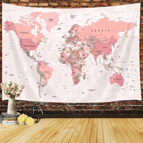 JAWO Educational Tapestry for Kids and Students - World Map With Countries and Major Cities, Asia, Europe, South America, Africa, Japan - Wall Hanging 90x70 Inch (Mauve) by JAWO