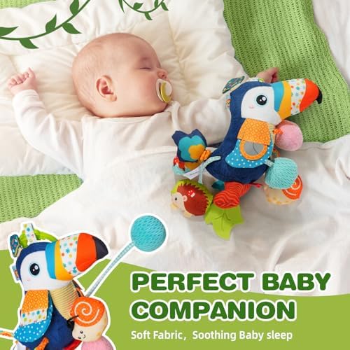 Jollybaby Musical Activity Pull String Hanging Toy for Baby Stroller Car Seat Crib Play Gym, Plush Stuffed Toucan Toy for Carseat with Music Teether Rattles, Sensory Toy for Baby Gift - Image 6