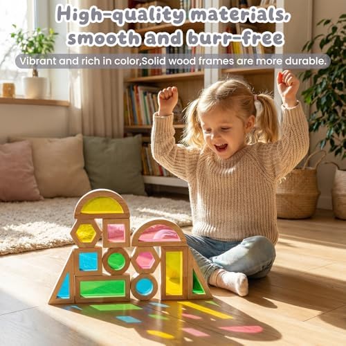 WOODENFUN Wooden Building Blocks Set for Kids, 12 Pcs Rainbow Stacker Game - Image 5