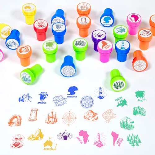 Cinrobiye 24 Pcs Geography Adventure Stampers Party Favor Set, Cute World Map Stamps for Kids Birthday Party, Classroom Rewards, Educational Learning Toys, Goody Bag Fillers, Themed Party Supplies - Image 4