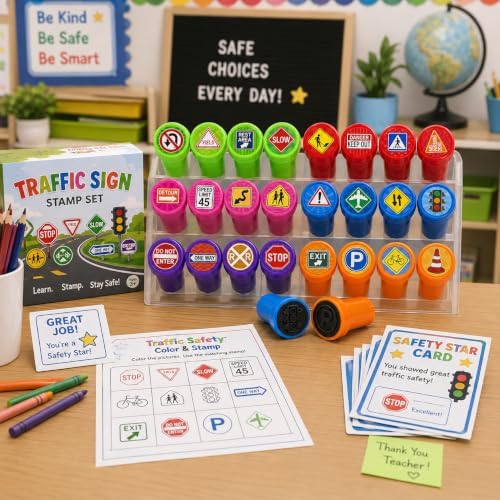 Cinrobiye 24 Pcs Traffic Sign Stampers Party Favor Set, Cute Road Safety Stamps for Kids Birthday Party, Classroom Rewards, Learning Activities, Goody Bag Fillers, Educational Party Supplies - Image 6