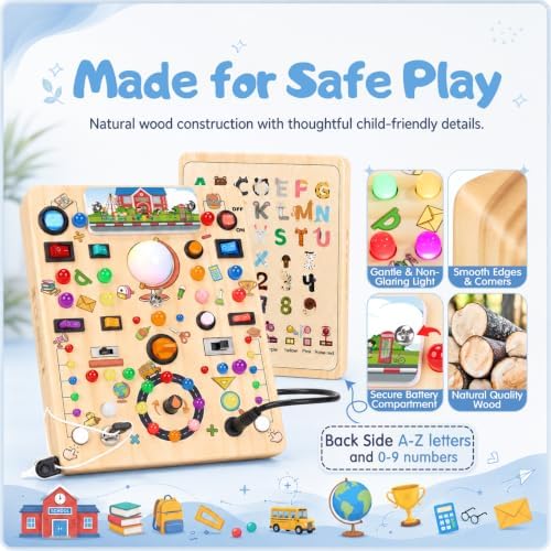 Busy Board with LED Light Switches, Montessori Toys for 1 2 3 Years Old, Toddlers Wooden Toy Sensory Activity Board, Travel Toys for 1+ Year Old Boy & Girl Birthday Gift (School 19 Switches) - Image 4