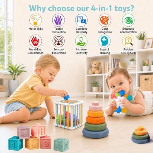 4-in-1 Montessori Baby Toy Set with Pull-String Teether Stacking Blocks - Image 2