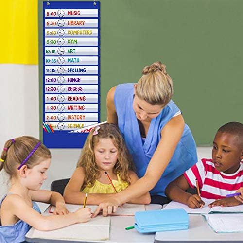 Scheduling Pocket Chart, 13+1 Pockert, Daily Class Schedule Pocket Chart with 18 Dry-Eraser Cards, Ideal for Classroom Office School Home Used, Over-door Mount (Blue) - Image 2