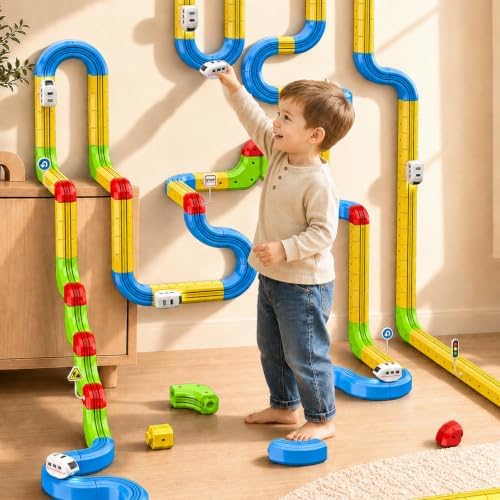 Electric Train Set for Kids Ages 4-8, 52 PCS DIY 3D Train Tracks Building Blocks, Kids' Electric Vehicles Race Car Toy, STEM Car Toys Birthday Gift for Boys Girls 3 4 5 6 7 8 9 Year Old - Image 2