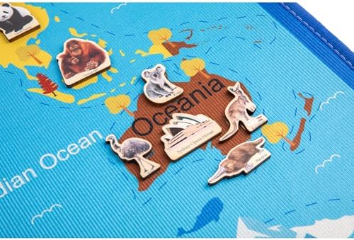 Montessori Continents Playmat with Matching Wooden Cards, World Map Matching Game for Kids 4-8 Years Old, Educational Play Mat, Geography Learning Activity Toy with 41 Animals & Landmarks - Image 4