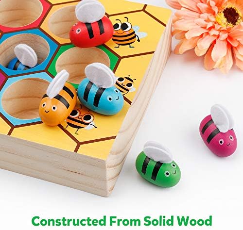 Coogam Toddler Fine Motor Skill Toy, Clamp Bee to Hive Matching Game, Montessori Wooden Color Sorting Puzzle, Early Learning Preschool Educational Gift Toy for 3 4 5 Years Old Kids - Image 3