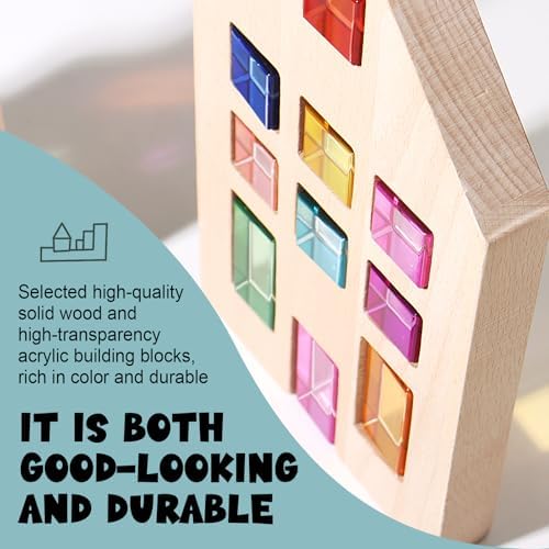 25 Pcs Rainbow Acrylic Building Blocks with 3 Beech Wood Houses, Dual Insert & Stack Sensory Toy, Light Refraction Gem Blocks, Montessori Creative Educational Gift for Toddler Boys Girls 1-5 Years Old - Image 6