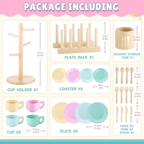GAGAKU Kids Wooden Play Dishes Set -27Pcs Montessori Play Kitchen Accessories Plates and Bowls Set, Storage Stand & Play Food, Pretend Cooking Toys for Ages 3-5, Educational Gift for Toddler - Image 6