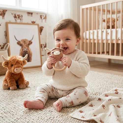 Wooden Baby Rattle for Boys and Girls, Crochet Stuffed Animal for Newborn, 3 4 5 6 Month Toys, Highland Cow - Image 3
