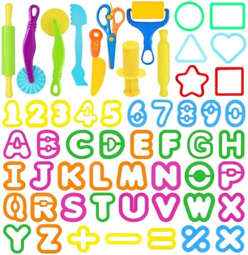LCY WEDSHI Dough Tool Set, 56 Pcs Dough Tools Sets for Kids Ages 4-8, Dough Accessories Includes Alphabet Numbers Shapes, Cutters Roller, Rolling Pins, Safety Scissors, Plastic Knife by LCYWEDSHI