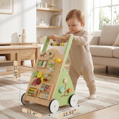 DUMOS Wooden Baby Push Walker, Montessori Toy, Adjustable Speed, 1+, Green - Image 2