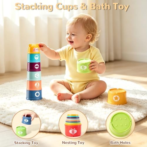 YOOYID 5 in 1 Baby Toys 6 to 12 to 18 Months, Montessori Toy for Babies 6-12 Months, Gifts for 1 Year Old, Sensory Toys for Babies, Baby Tissue Box, Stacking Cups, Shape Sorter Cube - Image 4