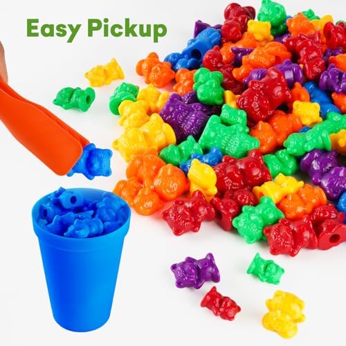 NEOROD Counting Bears - 90 Pcs Color Sorting Toys for Toddlers 1-3 & Preschool Learning Toys with Stacking Cups,Math Manipulatives with 2 Tweezers, 2 Dices, 12 Activity Cards & Storage Container - Image 4
