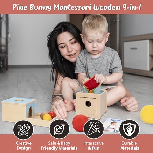 Pine Bunny Montessori Wooden 10-in-1 Toy Set for 7+ Months, Object Permanence Box, Egg and Cup, Tissue Box, Fabric Blocks, Scarf, Educational Learning Sensory Development Fine Motor Skills Baby Toys - Image 5