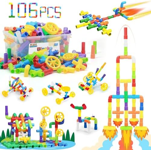 Ggiibro STEM Building Toy for Toddlers 106Pieces Tube Pipe Toy,Educational Preschool Game for 3+ Years,Learning Building Blocks Play with Storage Box Gift Kit,Montessori Toys for Boys & Girls by StrawBuildingClub