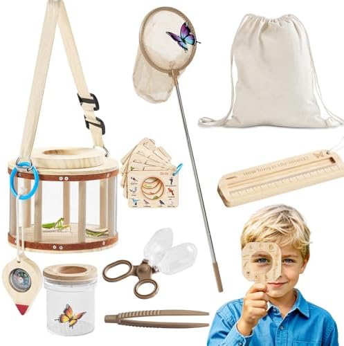Wooden Bug Catcher Kit for Kids Ages 3-8, 11PCS Outdoor Nature Explorer Kit with Bug Habitat, STEM Educational Guide, Butterfly Net & Magnifying Glass, Montessori Catching Toy & Camping Gift by LIOKLICK