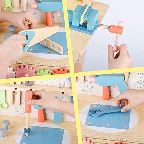 Tool Bench for Kids Toy Play Workbench Wooden Tool Bench Workshop Workbench with Tools Set Wooden Construction Bench Toy for 3 4 5 Year Boys Girls - Image 2