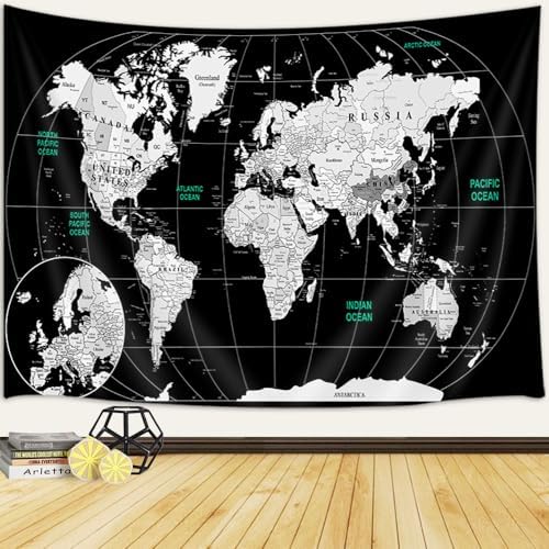 JAWO Tapestry for Kids Student, with Countries and Major Cities Tapestries Educational Asia Europe South City Topography America Africa Japan Wall Tapestry 90X70 Inch(Black) - Image 2