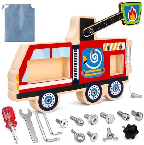 Wooden Fire Truck Screw Activity Board with Tools, Montessori-Inspired, 3+ by Liangding