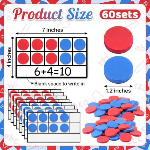 Ireer 60 Sets Bulk Magnetic Ten Frames for Classroom 600 Magnetic Math Counters and 60 Boards Kindergarten Classroom Must Haves Math Manipulatives for Home Prek Preschool Elementary(Red Blue) - Image 2