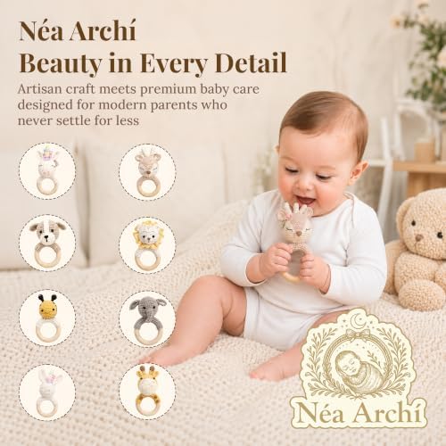 Néa Archí Crochet Baby Rattle, Organic Cotton & Beech Wood, Giraffe - Image 4