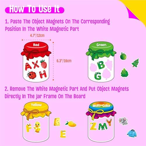 12 Pieces Magnetic Color Sorting Jars, 60 Color & Letter Magnets for Fridge Whiteboard, Early Educational Sorting Toy Set, Alphabet A-Z Learning Tool for Baby Toddlers Kids - Image 2