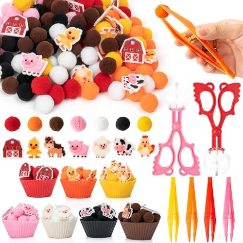 EZdhuawuse Farm Animals Sensory Bin Fillers - 301Pcs Summer Fine Motor Toys Sorting Stacking Toys for Kids, Felt Pig Horse Sheep Pom Poms Cup Clip for Preschool Education Early Development Activities by EZdhuawuse