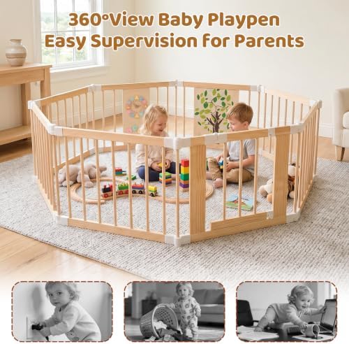 Foldable Wooden Baby Playpen with Locking Gate, Adjustable Baby Playard for Babies and Toddlers, Portable Collapsible Wooden Activity Center for Indoor Use - Image 7