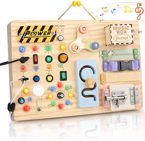 Joyreal Wooden Busy Board Montessori Toys for Toddlers, Sensory Activity Board with LED Lights, Music Box & Locks, Educational Learning Toy Gifts for Boys and Girls by Joyreal