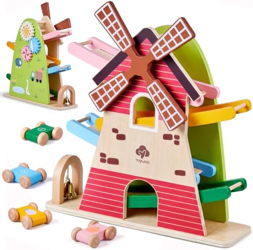 Wooden Car Ramp Toy with Windmill - Montessori Toys for 18+ Months, 4 Level Sliding Track with 4 Mini Cars & Bell, Toddler Educational Toys for Boys Girls, Ideal Birthday/Easter/New Year Gift by Toywoo