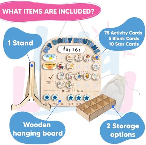 Wooden Chore Chart for Kids, Wooden Daily Routine Chart for Kids, Visual Schedule for Kids, Chore Reward Chart, Bedtime Morning Routine Chart for Toddlers - Image 2