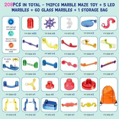 Meland Marble Run - 208Pcs Marble Maze Game Building Toy for Kids, Marble Track Race Set & STEM Learning Toy Gift for Boy Girl Age 4 5 6 7 8 9+(142 Pcs + 60 Glass + 5 Led Lighted Marbles) - Image 2