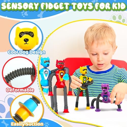 4PC Robot Dog Sensory Pop Tube Travel Toys for Boys Toddler Kid Airplane Car Toy Activities Autistic Road Trip Suction Tube for Boy 3 - 8 ADHD Autism Easter Basket Stuffers Valentine Gift - Image 3