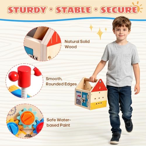 Wooden Toddler Tool Bench with Construction Tools, Screws, Gears & Latches - Image 5