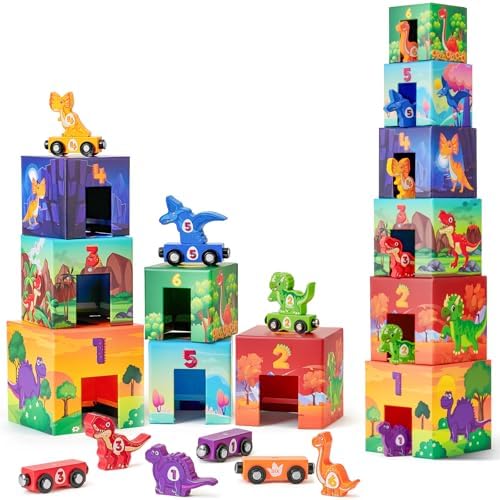 Atoylink Toddler Dinosaur Sorting and Stacking Toys with Magnetic Wooden Dinosaur Train Set, Baby Number Blocks Nesting Boxes Preschool Learning Montessori Toys for 3 Year Old Boys Girls Gift by ATOYLINK