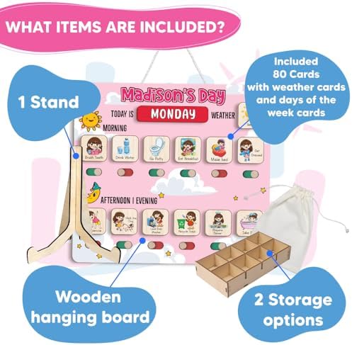 Personalized Wooden Chore Chart for Kids, Daily Routine Chart for Toddlers, Visual Schedule for Kids Age 3-5, Morning Bedtime Routine for Girls (03) - Image 2