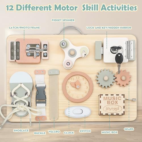 Joyreal Wooden Busy Board for Toddlers, Montessori Toys for 1 2 3 Year Old, Sensory Activity Board with Music Box & 12 Motor Skill Activities, Educational Travel Toys Gift for Boys Girls - Image 2