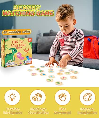 Wooden Memory Game for Kids, 24 Dinosaur Matching Cards - Image 2