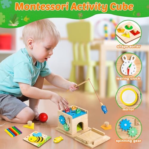 HUZU 8-in-1 Montessori Wooden Activity Cube Toy Set, Toddler Learning - Image 6