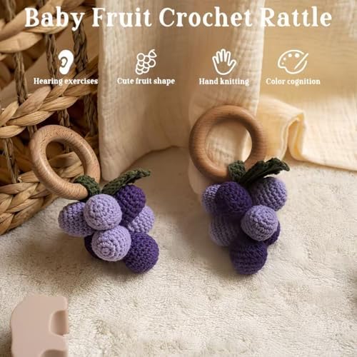 Wooden Baby Rattle Toys Stuffed Crochet Rattle with Teether Ring for Newborn Babies Fruit Wooden Teether Toy Infant Toddler Handcrafted Crochet Rattles Cute Shower Gifts for Boy and Girls - Image 3