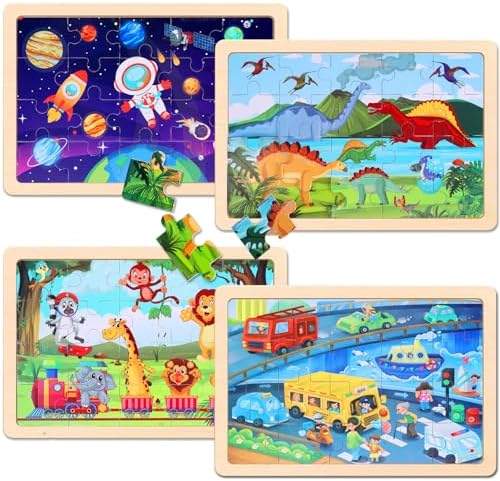 Wooden Educational Jigsaw Puzzles for Preschool Kids Ages 3-5, 4-Pack with 20 Pieces Dinosaur, Space, Transportation Wood Puzzles Set, Kids Brain Teaser Toys, Gifts for Boys Girls Ages 3 4 5 6 - Image 2