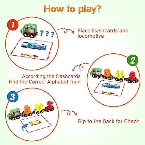 Vanmor 27 PCS Magnetic Wooden Alphabet Train Sets | ABC Letter Learning Toy Trains with 42 PCS Flash Cards, 1 Engine, 1 Storage Bag | Toddlers Kids Boys Girls Educational Toys for 3 4 5 6 7 Years Old - Image 5