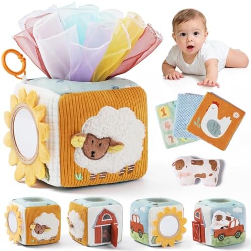 let's make Baby Tissue Box Toy, Farm Montessori Sensory Toys 6-12 Months, Play Silks & Crinkle Tissues with 3D Corduroy, Mirror, Squeaky Cow & Travel Clip - Fine Motor Skills Baby Girl Boy Gifts by letsmake