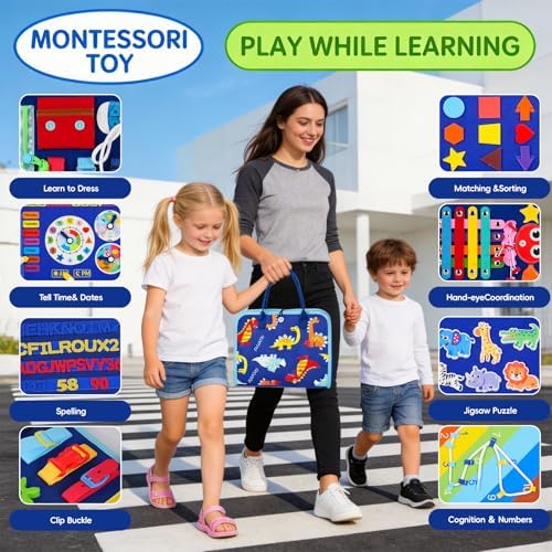 Montessori Busy Board for Toddlers – Sensory Busy Book with Buckles, Zippers, Letters, Animals, Toddler Activities – Fine Motor Skills Development Learning for Boys Girls Travel Activity - Image 3