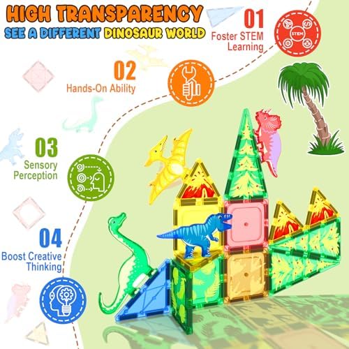Dinosaur Toys Magnetic Tiles - Magnet Building Blocks for Toddler Kids 3+ - Image 4