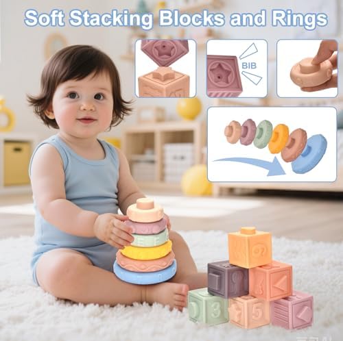 Baby Toys 6-12 Months,6-in-1 Montessori Toys for 6-9-12 Month old,Sensory Teething Toys Stacking Cups Building Blocks,Teething Pull String,Tissue Box Toys for Babies 6-12,18-24 Months Baby Gifts - Image 5